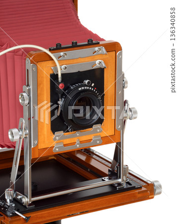 A wooden 8x10 camera on a tripod 136340858