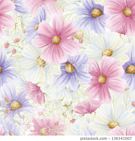 Lush flowering spring meadow watercolor seamless pattern. White, pastel pink and purple spring wildflowers. Cosmos field flowers hand drawn floral background in romantic style for girly designs Lush flowering spring meadow watercolor seamless pattern. White, pastel pink and purple spring wildflowers. Cosmos field flowers hand drawn floral background in romantic style for girly designs 136341007