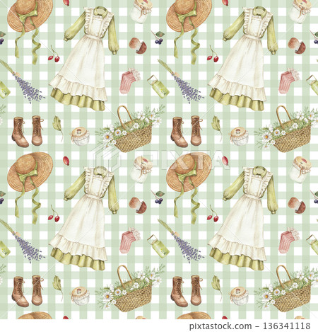 Watercolor Seamless Pattern with vintage rustic home elements. Background for cottagecore style Watercolor Seamless Pattern with vintage rustic home elements. Background for cottagecore style 136341118
