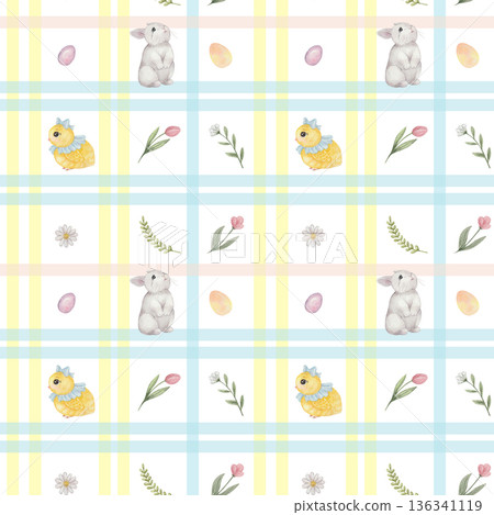 Watercolor Easter Pattern with vintage chicks and bunny. Background for cottagecore style, for children design Watercolor Easter Pattern with vintage chicks and bunny. Background for cottagecore style, for children design 136341119