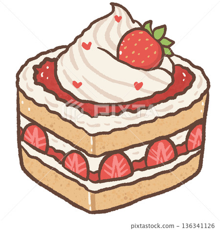 Cute Strawberry Shortcake Illustration with Whipped Cream and Heart Details in Kawaii Hand Drawn Valentine Cake Style Cute Strawberry Shortcake Illustration with Whipped Cream and Heart Details in Kawaii Hand Drawn Valentine Cake Style 136341126