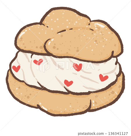 Cute Cream Puff Sandwich Illustration with Heart Pattern Cream Filling in Kawaii Hand Drawn Valentine Bakery Style 136341127