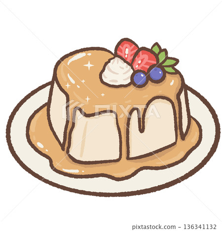 Cute Custard Dessert Illustration with Cream Sauce and Fresh Berries in Kawaii Hand Drawn Valentine Sweet Style 136341132