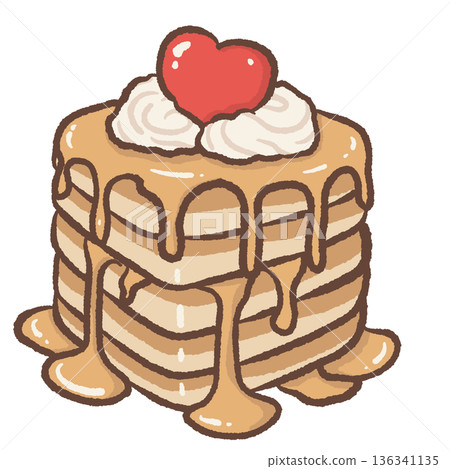 Cute Pancake Stack Illustration with Syrup Cream and Heart Topping in Kawaii Hand Drawn Valentine Breakfast Dessert Style Cute Pancake Stack Illustration with Syrup Cream and Heart Topping in Kawaii Hand Drawn Valentine Breakfast Dessert Style 136341135