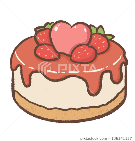Cute Strawberry Cake Illustration with Heart Decoration and Dripping Glaze in Kawaii Hand Drawn Valentine Dessert Style 136341137