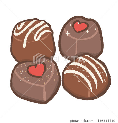 Cute Valentine Chocolate Pralines Illustration with Heart Details and Drizzled Toppings in Kawaii Hand Drawn Sweet Candy Style Cute Valentine Chocolate Pralines Illustration with Heart Details and Drizzled Toppings in Kawaii Hand Drawn Sweet Candy Style 136341140