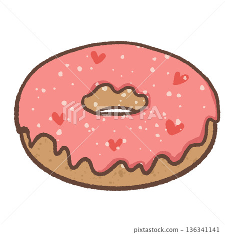 Cute Valentine Heart Donut Illustration with Pink Icing Sprinkles and Love Hearts in Kawaii Hand Drawn Sweet Dessert Style 136341141