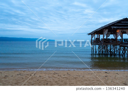 Wooden pier on the beach of Lake Poso, Tentena, Sulawesi Wooden pier on the beach of Lake Poso, Tentena, Sulawesi 136341240
