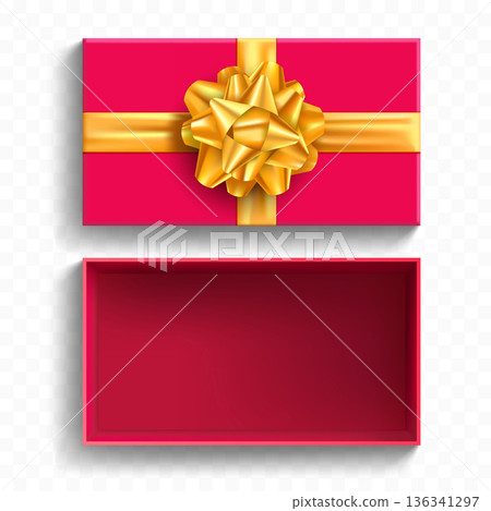 Red gift box mockup with yellow golden bow 136341297