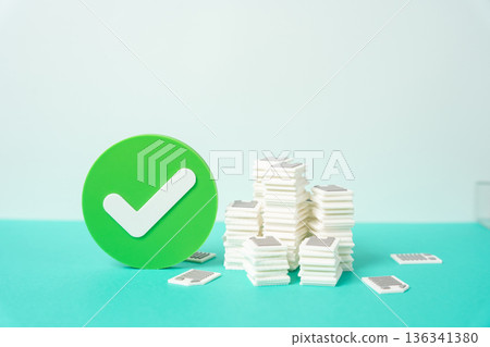 Piles of documents and a stamp of approval. Acceptance of the petition for review. Approval and resolution of the issue after the documents and applications are collected. 136341380