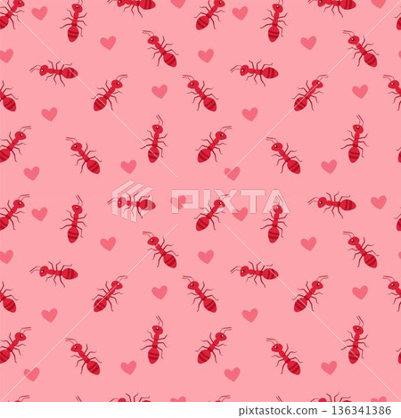Seamless repeating vector pattern of small red ants and scattered hearts on a soft pink background, perfect for valentine's day, insect themes, or fabric 136341386
