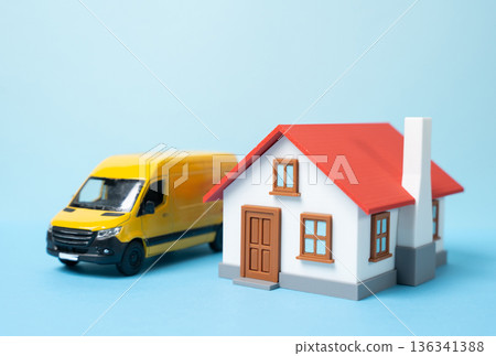 The van delivers parcels and orders to homes. Last mile delivery shows e commerce growth, courier logistics, fast shipping services, and customer convenience in urban life 136341388