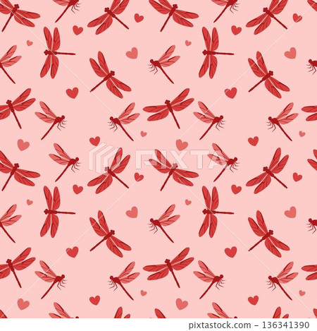 Romantic seamless vector pattern with delicate red dragonflies and small hearts on soft pink background, perfect for textile, fabric, and print design 136341390