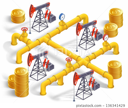 Oil pumpjack station, oil pipeline. Isometric 3D Oil pumpjack station, oil pipeline. Isometric 3D 136341429