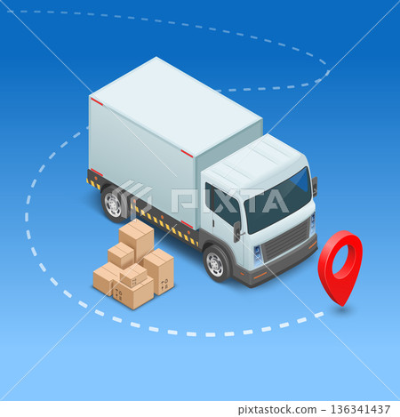 Truck or van with cardboard boxes on way 136341437
