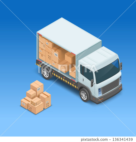Delivery van with cardboard boxes Delivery van with cardboard boxes 136341439