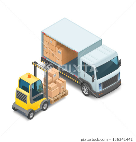 Forklift loads cardboard boxes into a cargo van 136341441