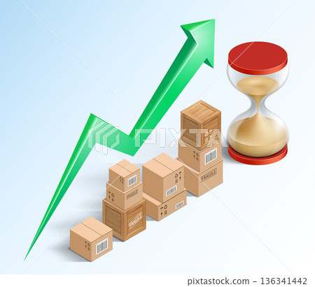 Cardboard boxes, financial chart with upward arrow Cardboard boxes, financial chart with upward arrow 136341442