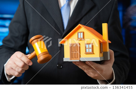 Real estate litigation. Protecting property owners' rights. House auctions. Housing laws and taxes. Legal property defense theme showing disputes, regulations, and secure ownership in complex markets 136341455