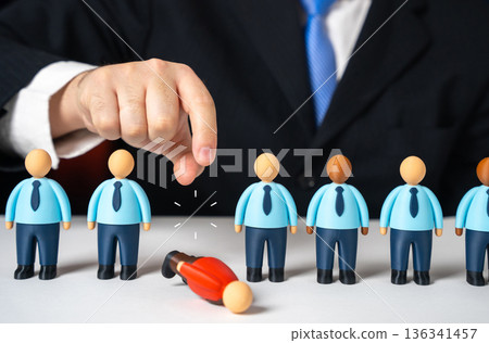 Purge staff of disloyal subordinates. Dismissal of underperforming staff and senior management. HR reset concept. Corporate restructuring improves loyalty, productivity and leadership control. Purge staff of disloyal subordinates. Dismissal of underperforming staff and senior management. HR reset concept. Corporate restructuring improves loyalty, productivity and leadership control. 136341457