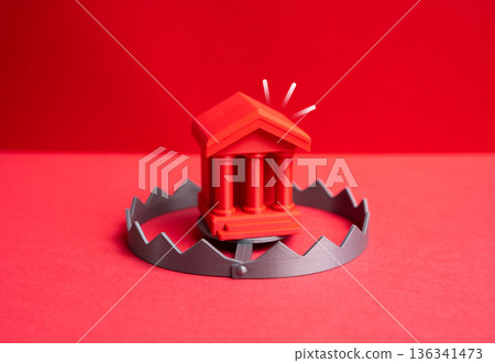 An unreliable bank can slam shut like a trap. Risk of losing money and reputation. Banking stability theme about trust, regulation and careful choice of financial partners. 136341473