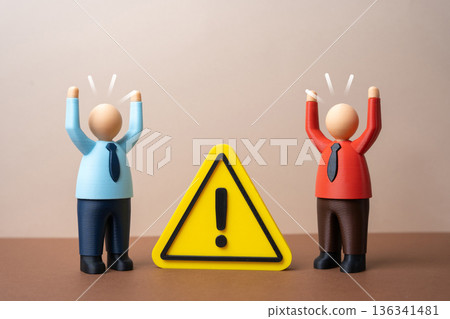 Business partners cannot resolve a dispute. Conflict between stakeholders slows progress. Corporate disagreement theme about mediation, communication and protecting joint ventures. 136341481