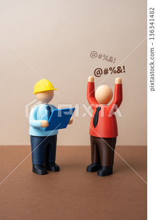 A businessman loses his temper in front of a construction inspector. Identifying violations and abuses of workers' rights. Compliance check highlights safety rules and labor protection. A businessman loses his temper in front of a construction inspector. Identifying violations and abuses of workers' rights. Compliance check highlights safety rules and labor protection. 136341482