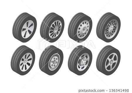 Vector set of rubber wheels tires for cars. Vector set of rubber wheels tires for cars. 136341498