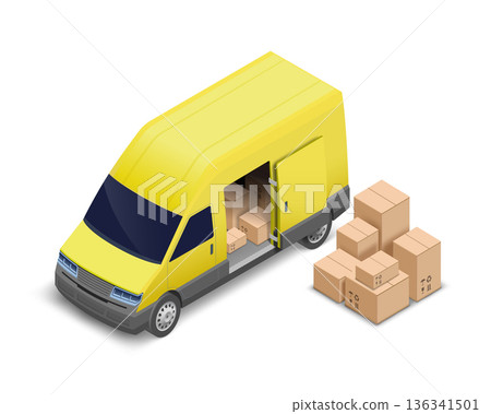 Yellow delivery van with cardboard boxes 136341501