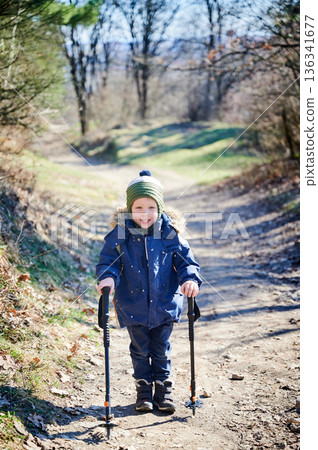 Young child smiling while hiking on forest trail, bundled up in blue winter jacket with fur-lined hood and green striped beanie. Kid holding two trekking poles and enjoying sunny day outdoors. 136341677