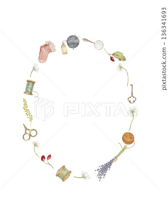 Vitage Cottagecore Frame with hand drawn sewing notions and floral bundle 136341693