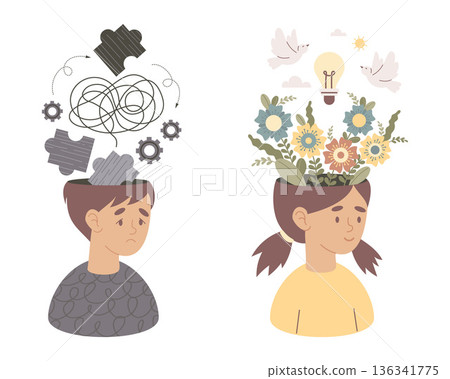 Mental Health Contrast. Young Man with Tangled Thoughts and Gears vs Girl with Blooming Flowers, White Doves Peace and Lightbulb Idea. Vector Flat Illustration for Empathy and Support Concept. Not AI Mental Health Contrast. Young Man with Tangled Thoughts and Gears vs Girl with Blooming Flowers, White Doves Peace and Lightbulb Idea. Vector Flat Illustration for Empathy and Support Concept. Not AI 136341775