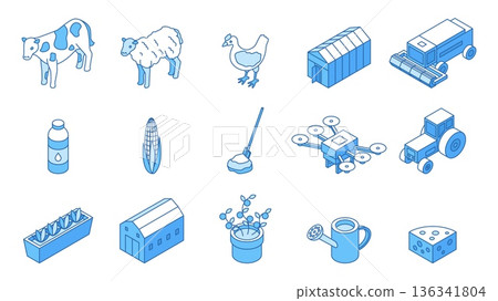 Isometric farm line icons. Variety of agricultural machinery for watering, plowing and harvesting. Farm animals and bird, plants, equipment, nifty vector set 136341804
