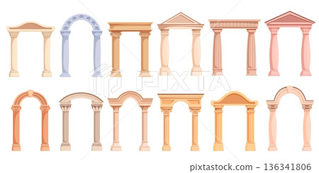 Cartoon ancient roman arches. Stone arch for gate or temple, antique palace entrance decoration. Stone medieval architecture elements, sapid vector clipart Cartoon ancient roman arches. Stone arch for gate or temple, antique palace entrance decoration. Stone medieval architecture elements, sapid vector clipart 136341806