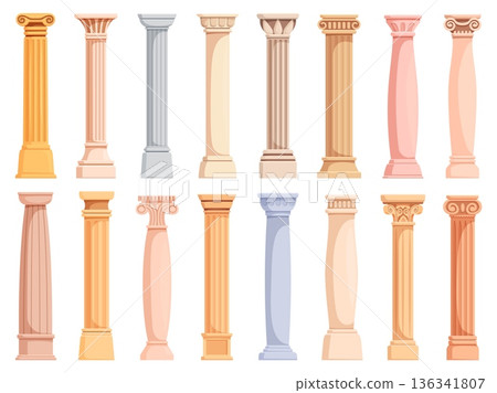Cartoon ancient column. Roman greek pillars, antique architecture elements for temples, facades. Carving column, decorative medieval stone objects, sapid vector clipart Cartoon ancient column. Roman greek pillars, antique architecture elements for temples, facades. Carving column, decorative medieval stone objects, sapid vector clipart 136341807