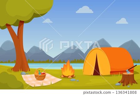Summer camping scene. Forest camp with tent, fireplace, plaid and basket with food. Outdoor family rest on nature, seasonal vacations sapid vector background 136341808