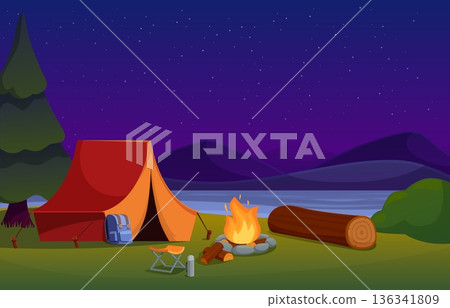 Night camping landscape. Seasonal outdoor rest, nature adventures in forest. Tent on river or lake shore, bonfire, wooden logs, backpack. Camp vacations sapid vector scene 136341809