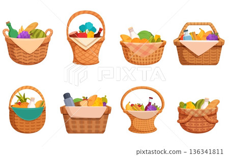 Picnic basket. Cartoon wicker baskets with different food for eating outdoor. Vegetables, fruits, wine milk bottle, bread, cheese and water. Camper snacks, sapid vector set Picnic basket. Cartoon wicker baskets with different food for eating outdoor. Vegetables, fruits, wine milk bottle, bread, cheese and water. Camper snacks, sapid vector set 136341811