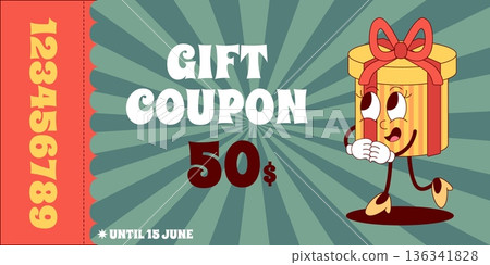 Gift voucher groovy design. Discount coupon for purchase, present ticket, certificate with funny box character. Promotional offer, neoteric vector template 136341828