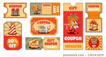 Retro gift cards template. Discount vouchers and tickets, sale coupons with groovy characters present boxes. Promotional flyers, neoteric vector templates Retro gift cards template. Discount vouchers and tickets, sale coupons with groovy characters present boxes. Promotional flyers, neoteric vector templates 136341829