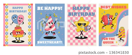 Birthday groovy banners. Retro style celebrating postcards with funny characters balloons, cake, presents boxes, star. Neoteric vector celebrate design 136341830