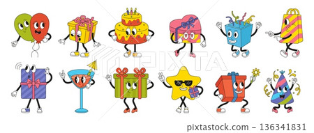 Groovy birthday characters. Vintage style gift boxes, cocktail, balloons, cake with candles. Funny freaky character for invitation cards, celebrating neoteric vector set 136341831