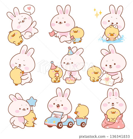 Kawaii bunny with duckling. Best friends, bunnies and ducklings spend time together, riding, walking, celebrating birthday, swimming. Farm animals, nowaday vector set 136341833