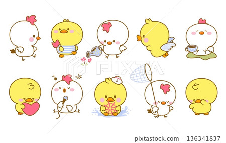 Kawaii chicken and ducklings. Funny chick, duckling different poses. Little farm birds watering, flying, walking. Easter characters, adorable nowaday vector set 136341837
