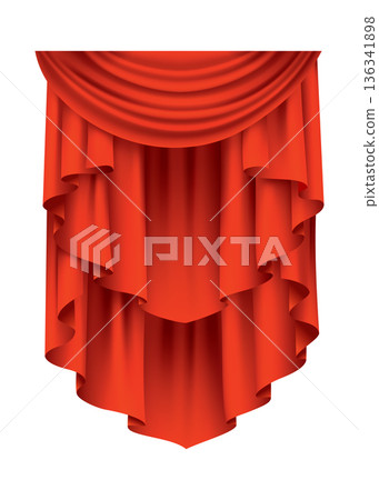 Red curtains realistic. Theater fabric silk decoration for movie cinema or opera hall. Curtains and draperies interior decoration object. Isolated on transparent for theater stage Red curtains realistic. Theater fabric silk decoration for movie cinema or opera hall. Curtains and draperies interior decoration object. Isolated on transparent for theater stage 136341898