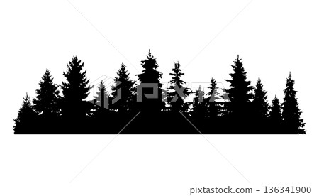 Fir trees silhouette. Coniferous spruce horizontal background pattern, black evergreen woods vector illustration. Beautiful hand drawn panorama of coniferous forest 136341900