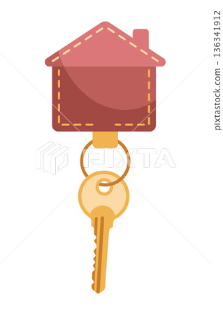 Door keys keyfob. Ring with trinket, keychains plastic tag hanging on keyring. House, apartment or room locking accessories. Cartoon flat vector isolated on white background Door keys keyfob. Ring with trinket, keychains plastic tag hanging on keyring. House, apartment or room locking accessories. Cartoon flat vector isolated on white background 136341912