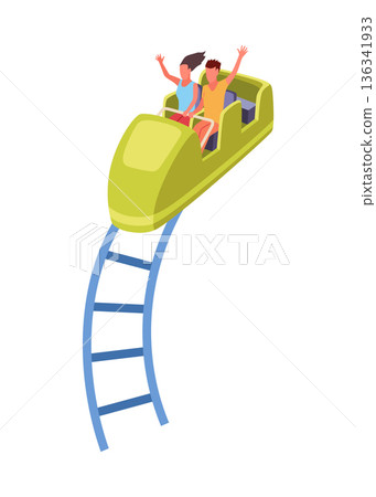 Roller coaster happy people. Rollercoaster. Friends riding in amusement park have fun positive emotion, park attractions. Young people having fun and enjoyment, cartoon vector illustration 136341933