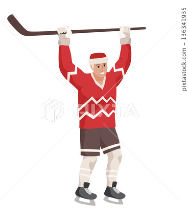 Ice hockey player. Athletes in uniform, dynamic pose, team sports on ice, winter game, forward, cartoon flat style isolated vector 136341935