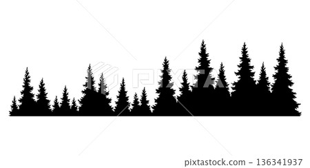 Fir trees silhouette. Coniferous spruce horizontal background pattern, black evergreen woods vector illustration. Beautiful hand drawn panorama of coniferous forest 136341937
